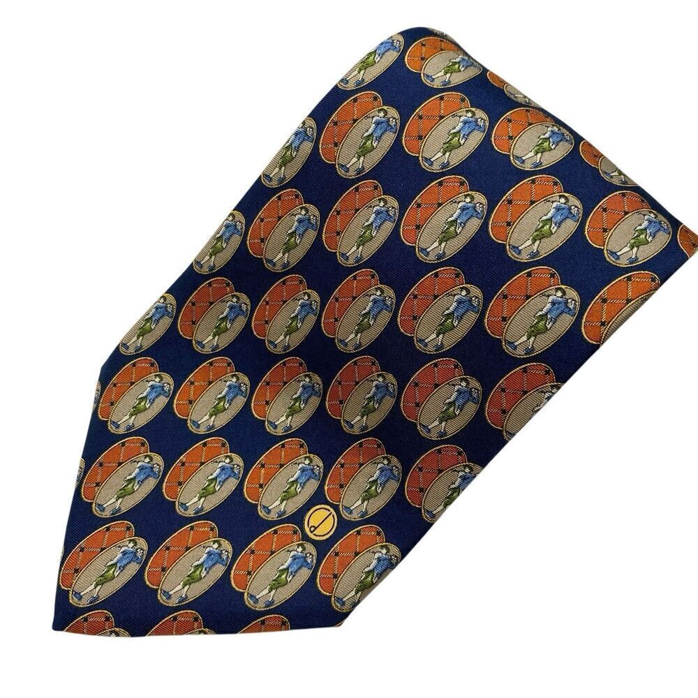 Dunhill Silk Necktie Men's Tie Vintage Golfer Blue Orange Beige Made in Italy